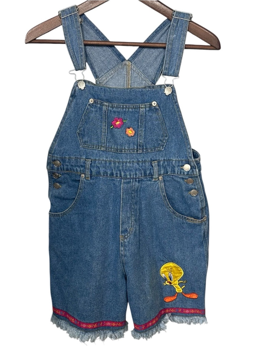 90s Cartoon VTG Looney Tunes Tweety Bird Denim Short Bib Overalls Sz Small